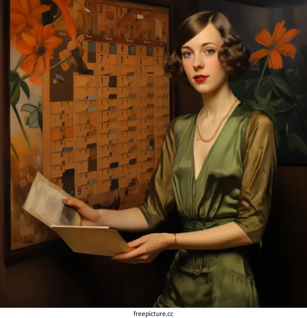 An elegant woman in a green dress stands in front of a wall of mailboxes