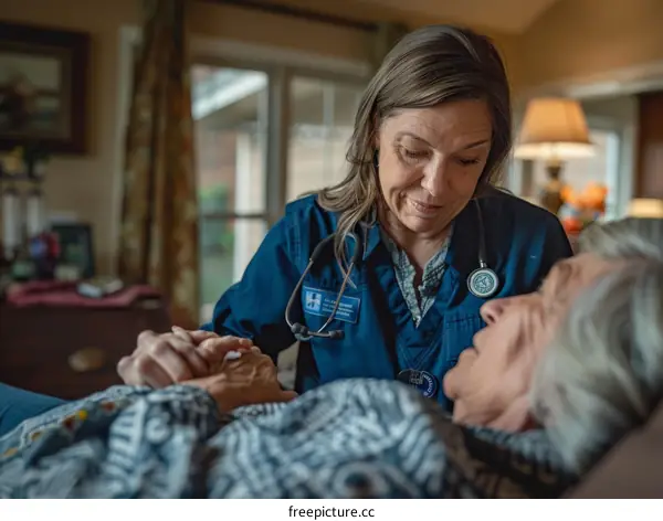 A healthcare worker holds the hand of a patient in a hospital bed