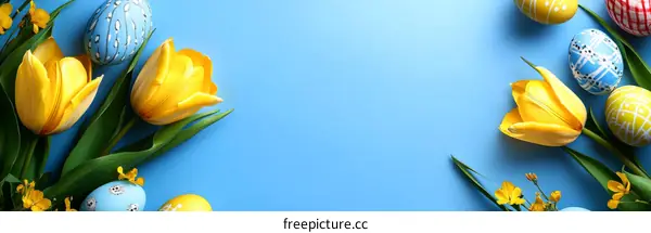 Spring Easter Festive Decor on Blue Background