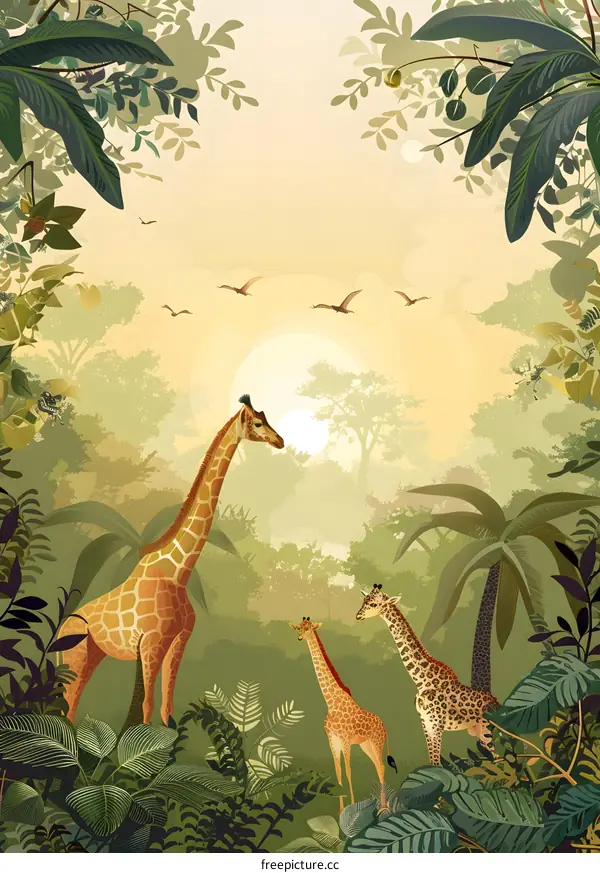 Three Giraffes in the Jungle at Sunrise