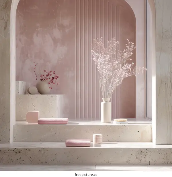3D rendering of a bathroom interior with pink walls and a large window