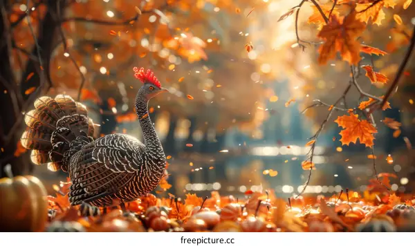 A majestic turkey stands in a field of pumpkins during the fall season.