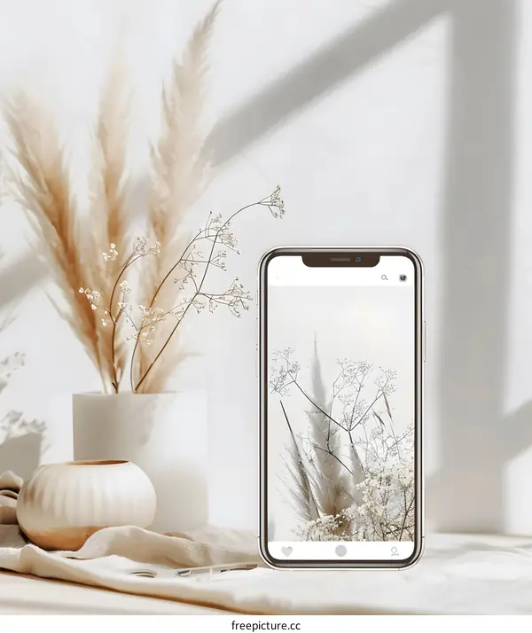 Minimalist Phone Display with White Flowers