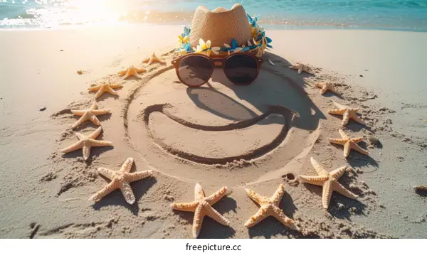 Beach sand art of a smiling face with a straw hat and sunglasses, surrounded by starfish