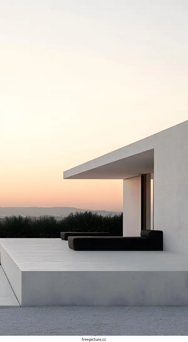 Minimalist Modern Architecture House With Sunset Background