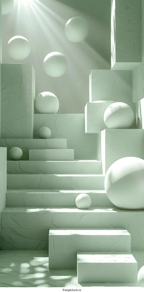 3D rendering of a green room with stairs, podiums, and spheres