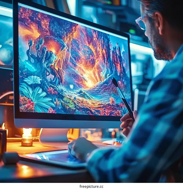 Digital Artist Uses Graphics Tablet and Stylus to Create Vibrant Painting of Volcanic Landscape on Computer