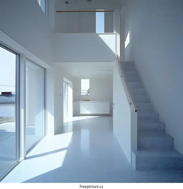 Modern Minimalist White Interior Design with Staircase and Large Window