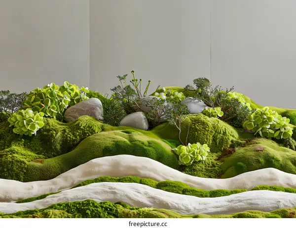 Green Moss Landscape With Stones And Plants