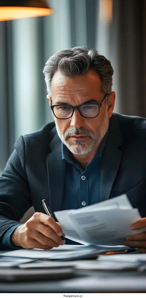 Focused Businessman Reviewing Documents at Desk