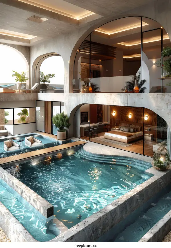 Modern luxury house interior with pool