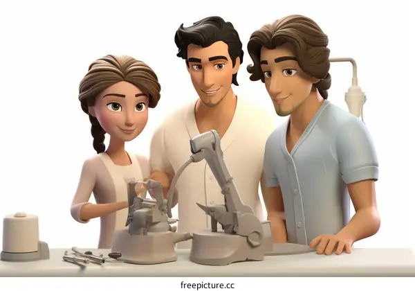 Three people in a lab working on a robotic arm