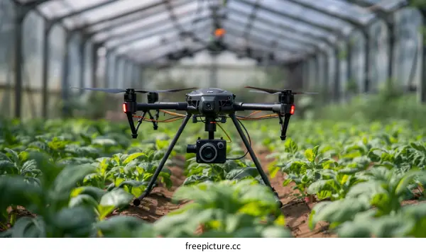 A drone is flying in a greenhouse to monitor the status of tobacco seedlings