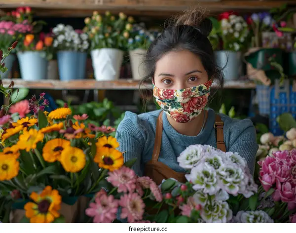 Portrait of a young florist wearing a protective face mask while working in a flower shop