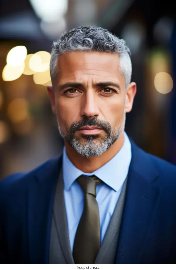 Portrait of a handsome man with grey hair and beard wearing a suit and tie