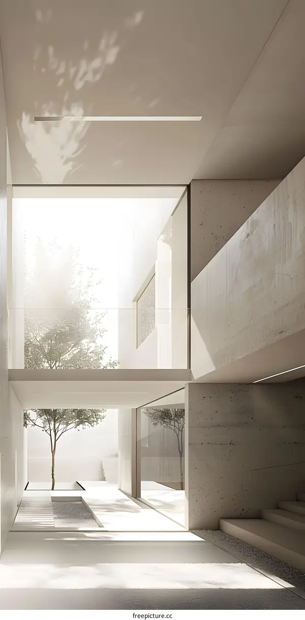 Minimalist Interior Design with Concrete Walls and a View of a Tree