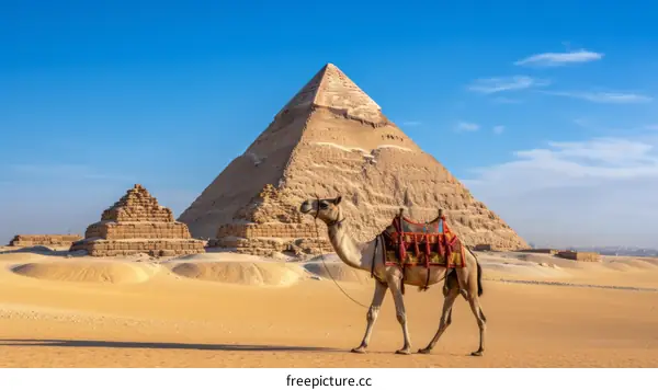 A camel walks past the Great Sphinx and the pyramids of Giza on the outskirts of Cairo, Egypt