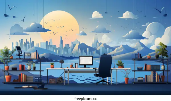 Illustration of a modern home office with a large desk, a comfortable chair, and a beautiful view of the city.