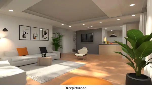 Modern Living Room Interior Design With White Sofa and Orange Pillows