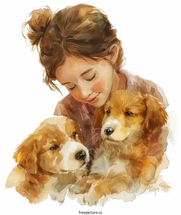 Little girl hugging two puppies