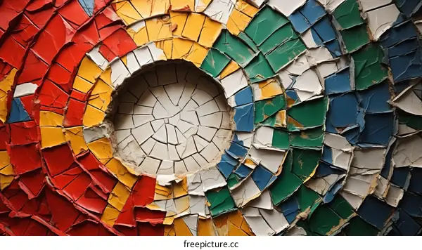 Colorful cracked mosaic tiles forming a circle