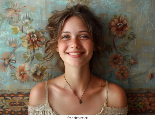 Beautiful Woman Smiling Against Floral Background