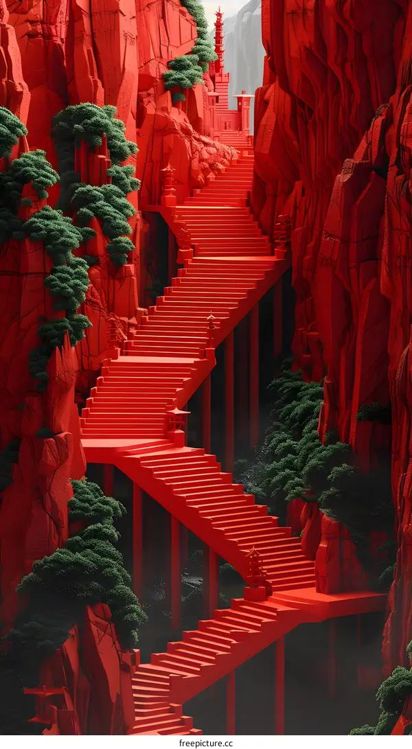 Red Stairway Leading Up To A Pagoda In The Mountains