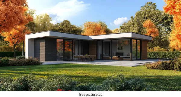 Modern House with Large Windows and Fall Foliage