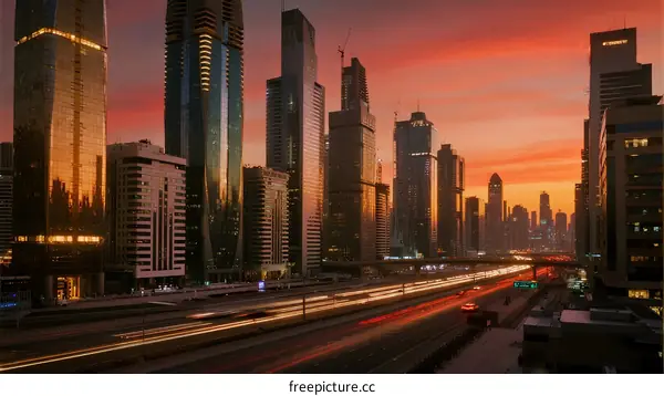 Dramatic Sunset Over Modern Urban Skyscrapers with Light Trails