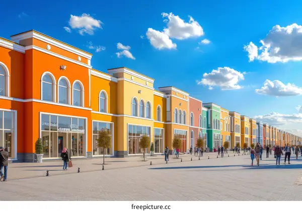Colorful European style pedestrian street with people walking