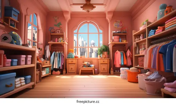 A beautiful pink and white room with lots of clothes and toys