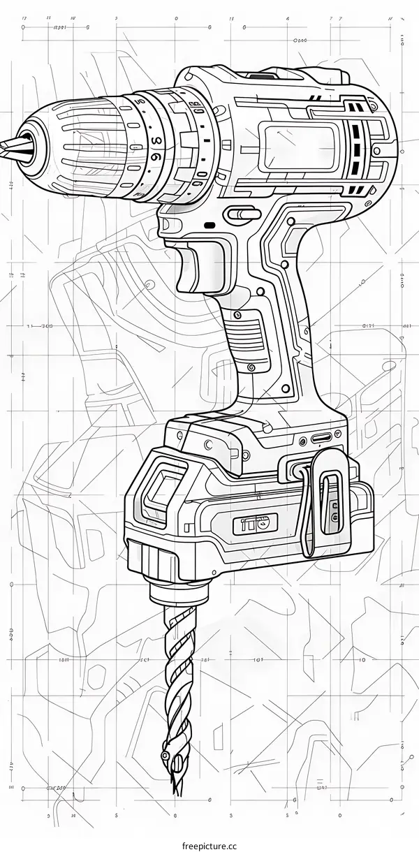 A digital illustration of a power drill on a blueprint background