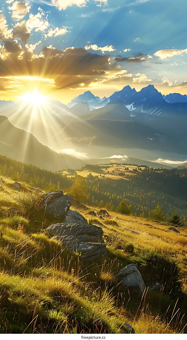 Mountain Landscape with Sunbeams and Meadow