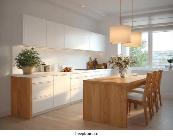 Modern White Kitchen with Wooden Island