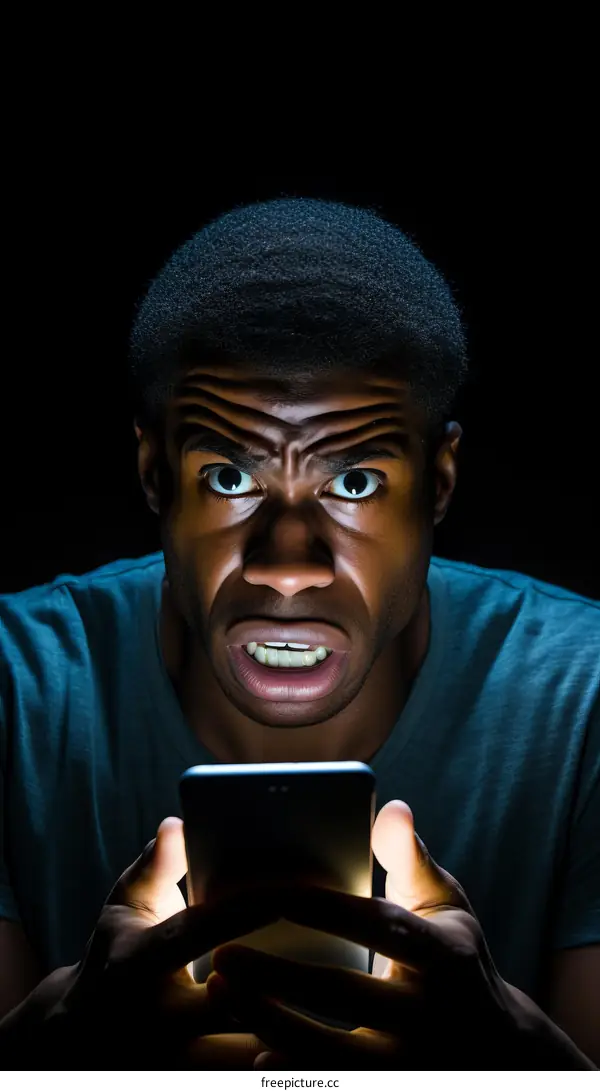 Upset black man looking at his phone in the dark
