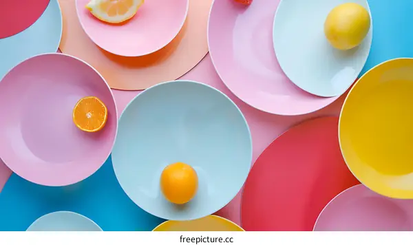 Colorful Plates with Fruit on Blue Background