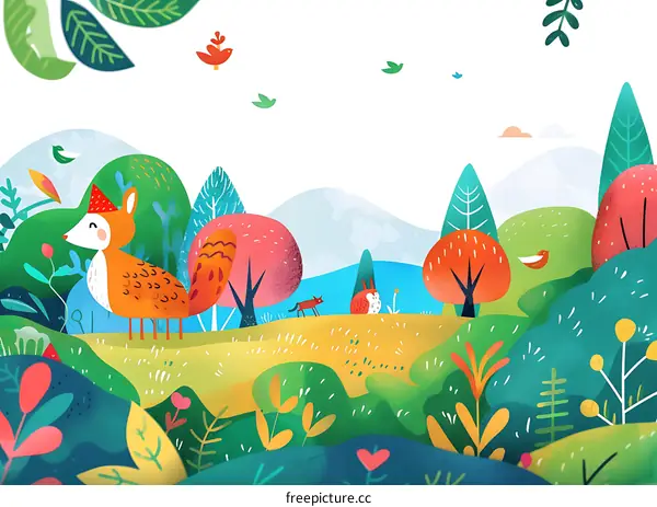 Colorful Illustration of Fox and Birds in a Green Forest
