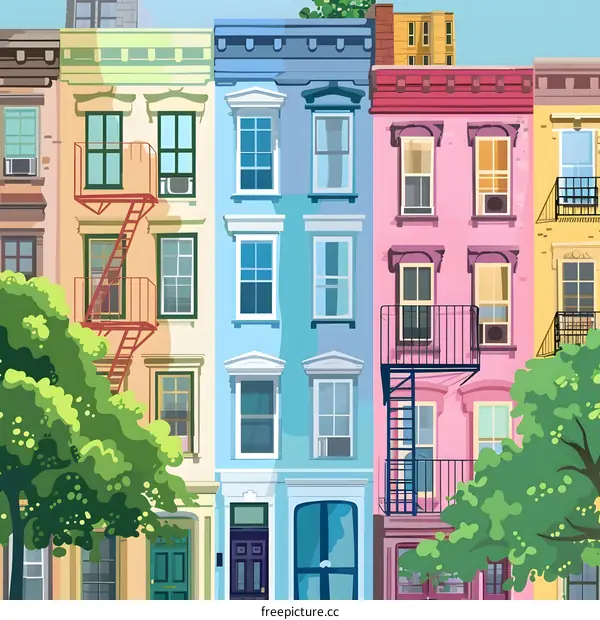 Colorful Row Houses in City Neighborhood
