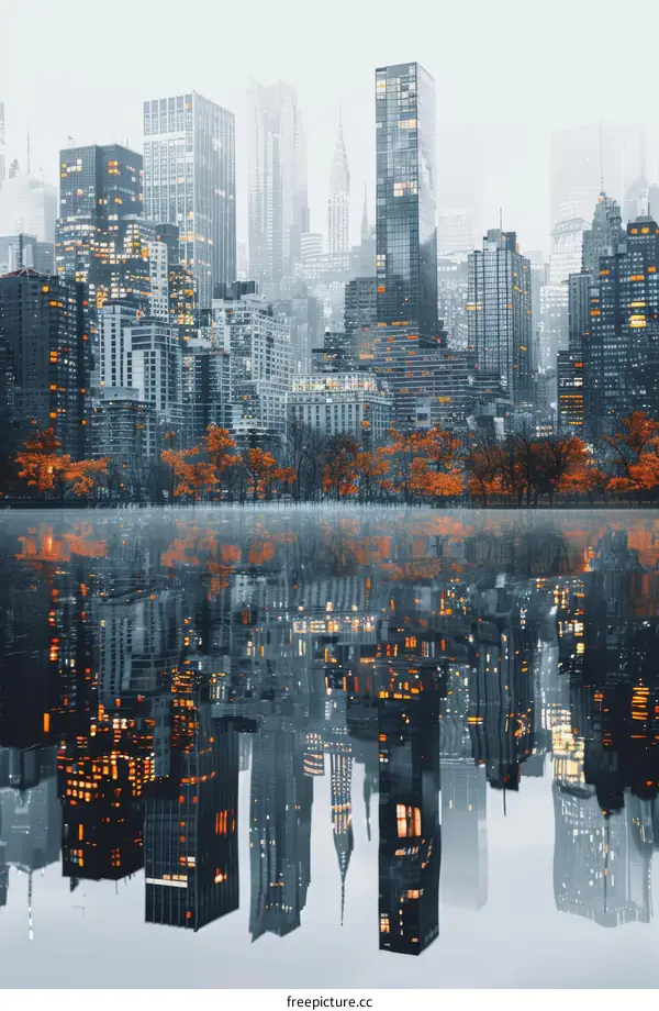 New York City Skyline Reflection in Autumn Fog