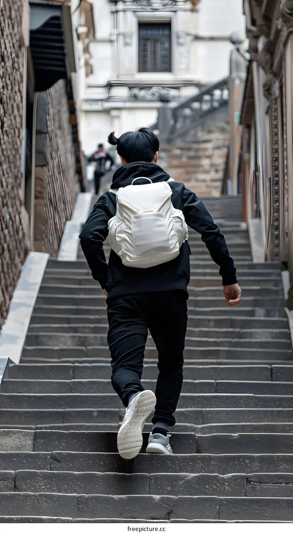 Man Walking Up Steps in City With Backpack