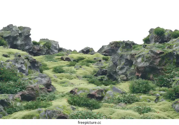 Green Grass Field with Moss Covered Rocks