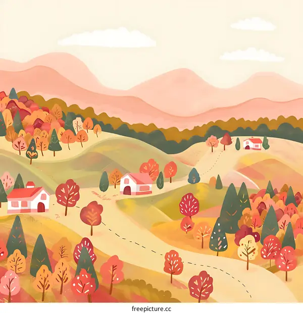 Autumn Landscape with Houses and Winding Road