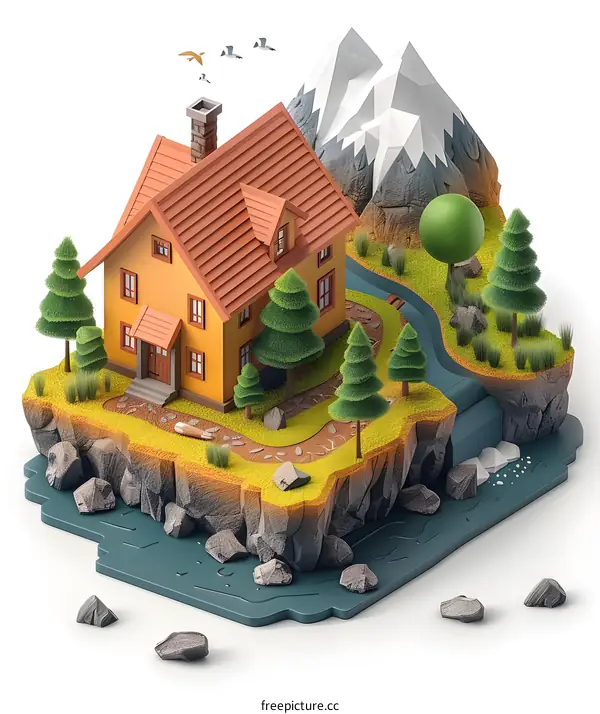Isometric 3D Illustration of a Small House in a Mountain Landscape