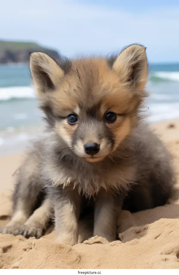 Little fox sits on the sand