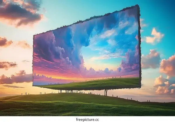 Surreal Landscape with Sky Reflected in a Giant Frame