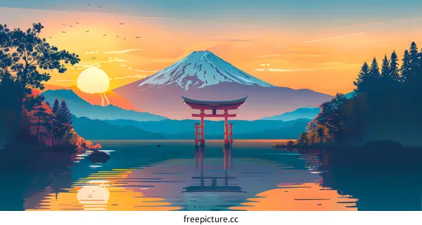 Mount Fuji and red torii gate in the lake with sunset