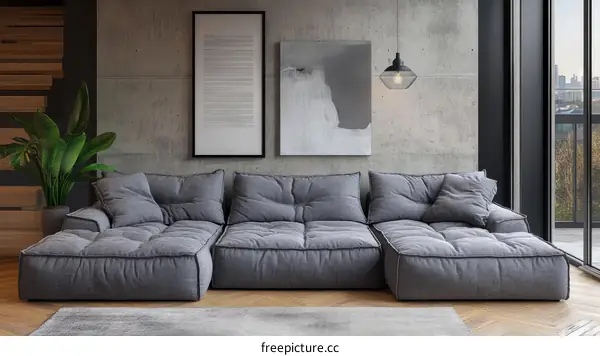 Modern Gray Sectional Sofa in Concrete Living Room