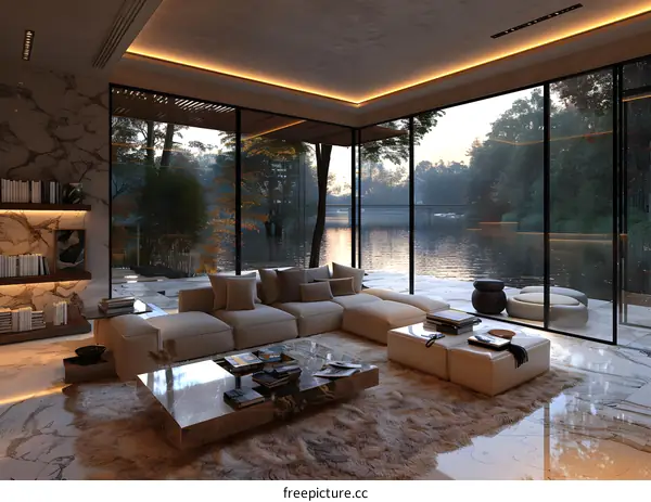 Modern living room with lake view