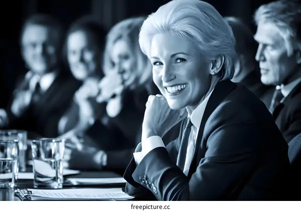 Smiling Businesswoman at Meeting with Colleagues