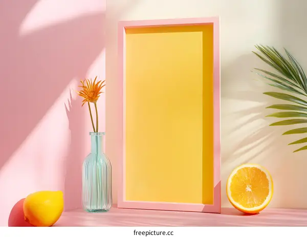 Summer Minimalist Aesthetic with Yellow Frame and Fruit